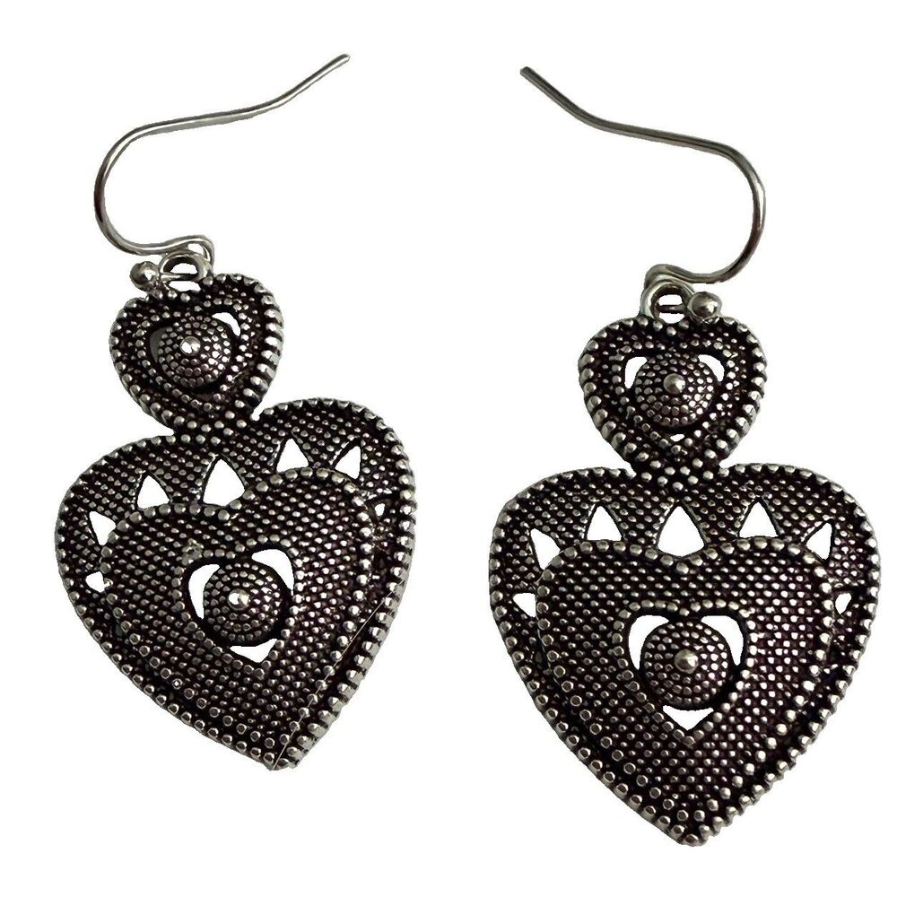 Vtg Style KBL Signed Crown Hallmark Silver Tone Granulated Double Heart Earrings